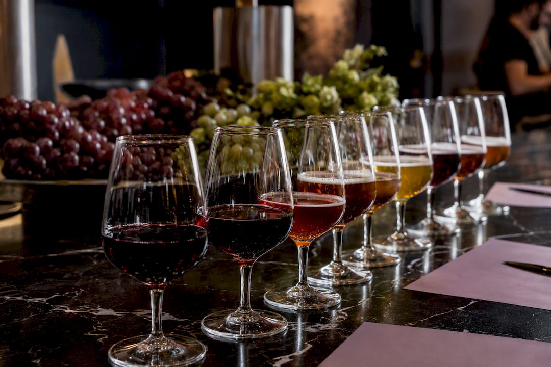 Small tasting pours of wine and beer