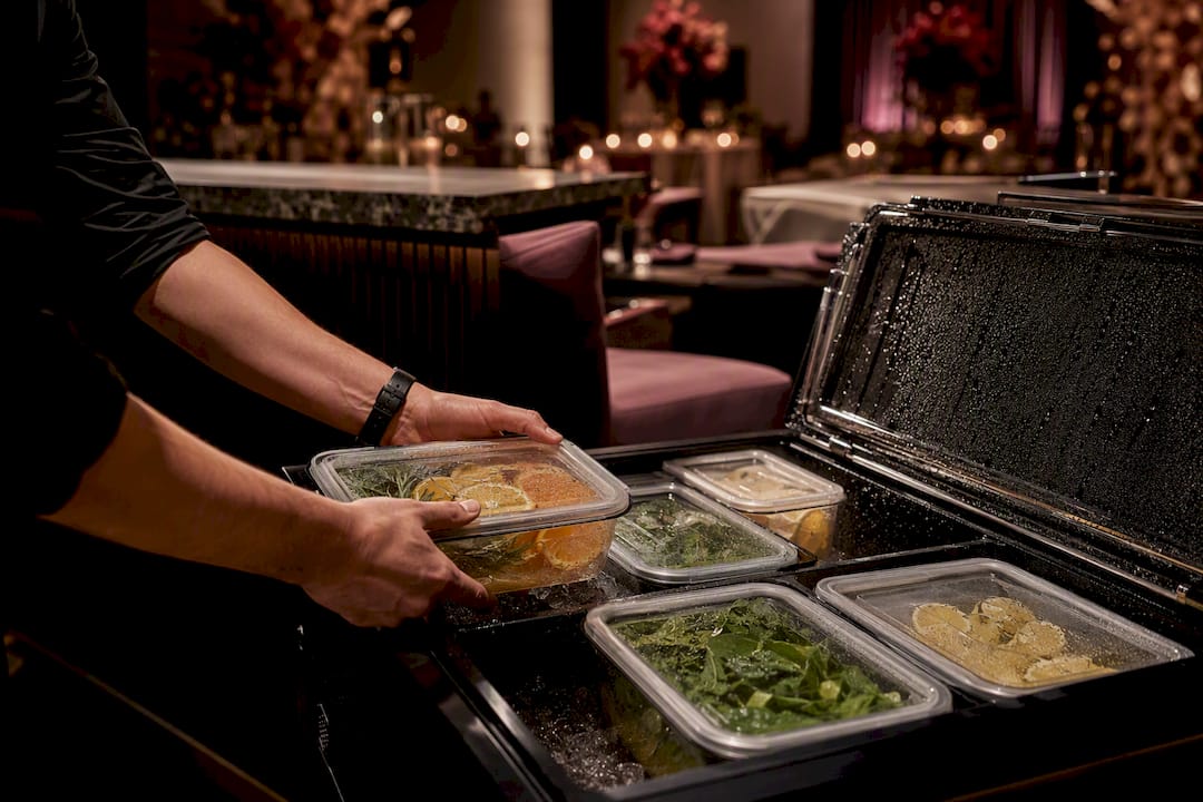 Refrigerated garnish bins beside event bar
