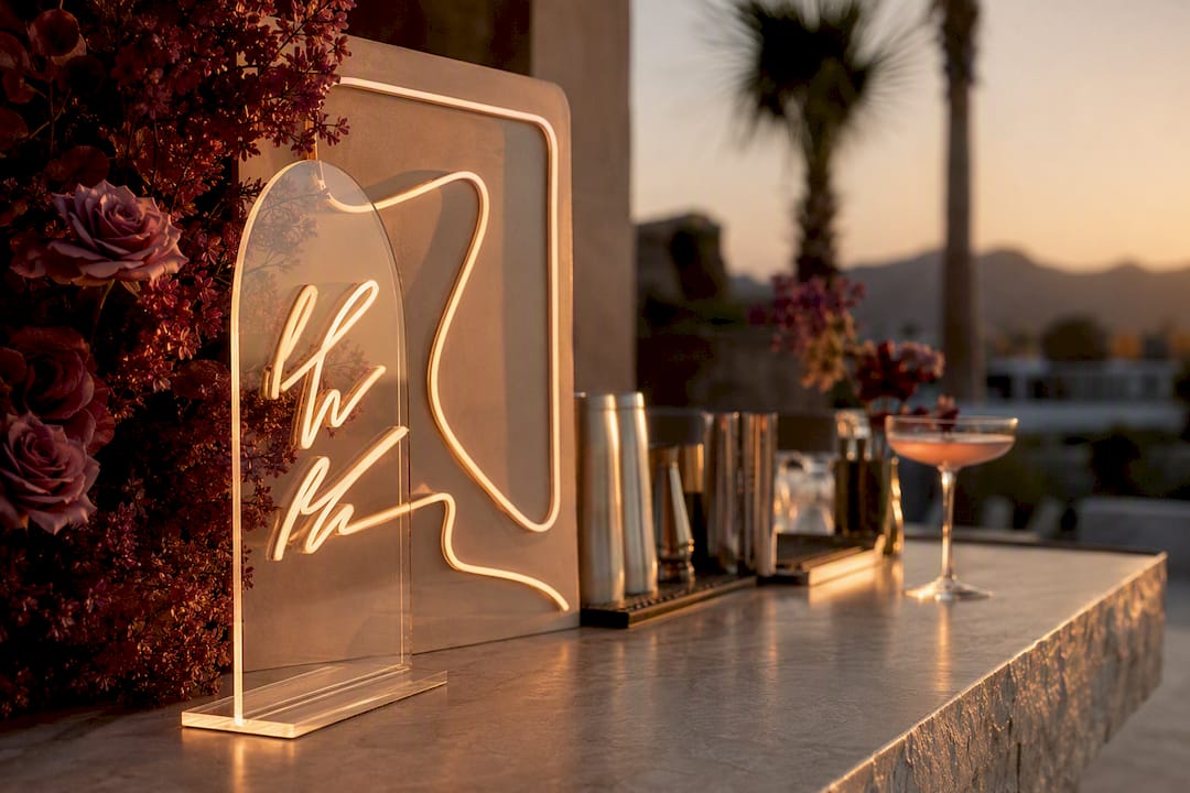 Acrylic and neon signs at golden hour