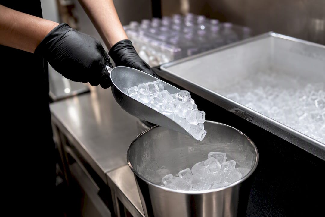 Gloved worker scooping ice into clean beverage bucket