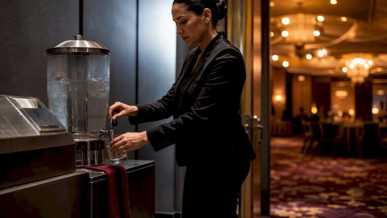 Water dispenser and ice bin prepared for event service