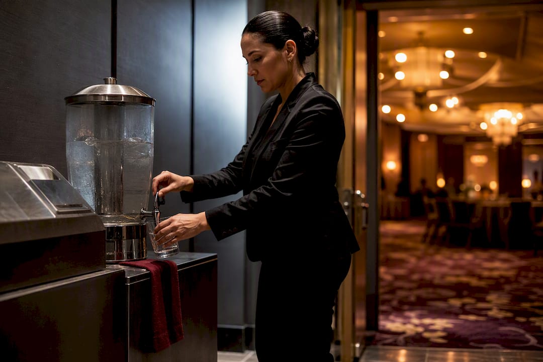 Water dispenser and ice bin prepared for event service
