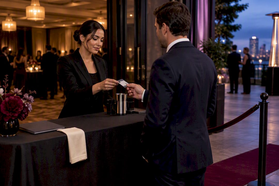 Bartender checking ID at controlled service boundary