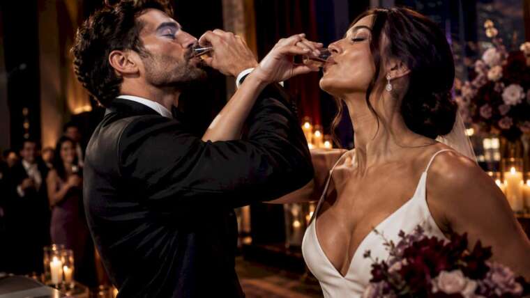 Couple performing a linked-cup wedding toast
