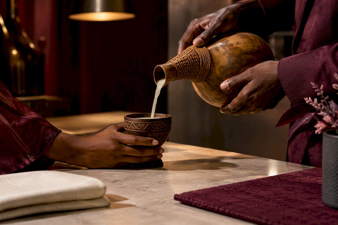 Ceremonial wine poured into a small cup
