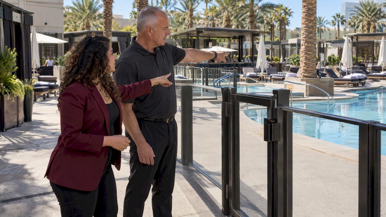 Event planners reviewing pool alcohol service area