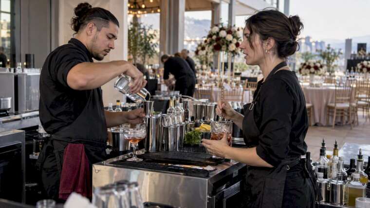 Bartenders comparing service and cocktail techniques