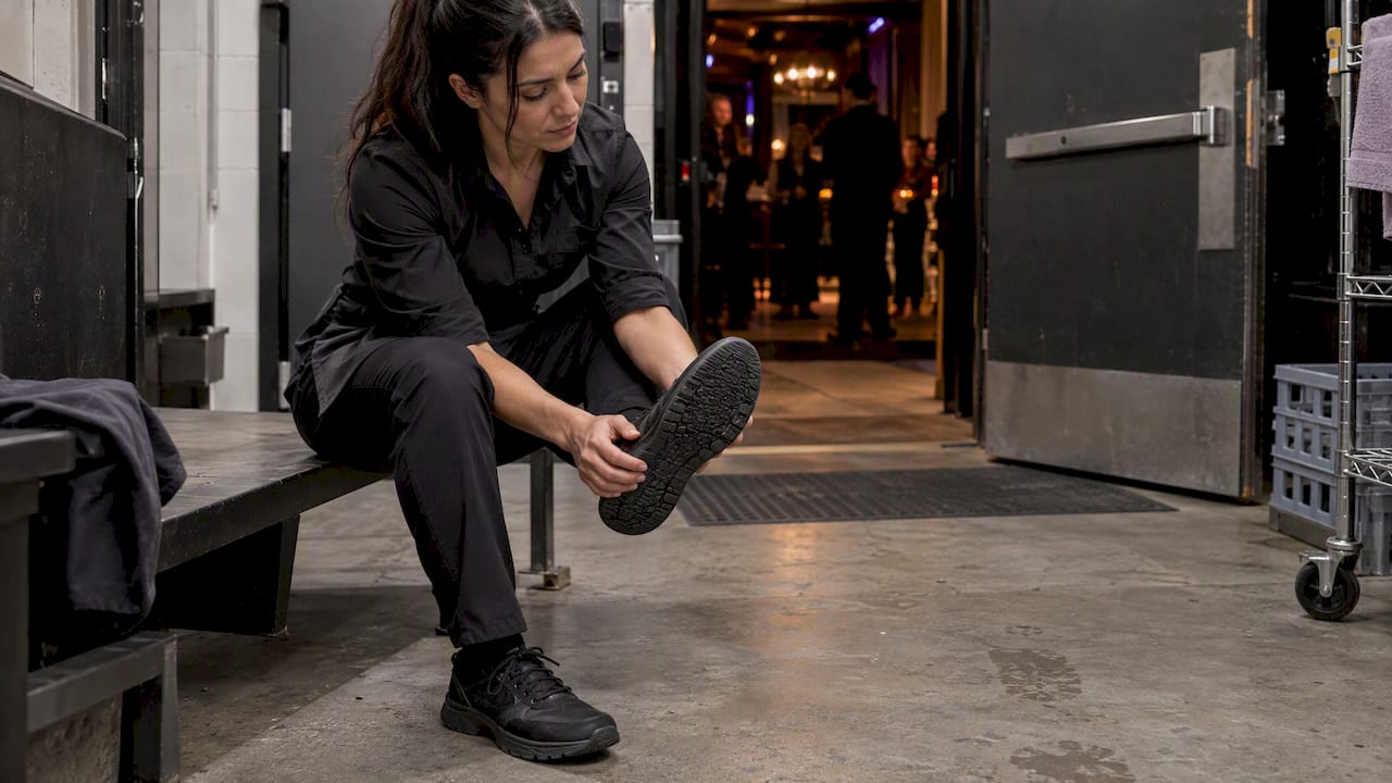 Bartender checks tread on a black work shoe