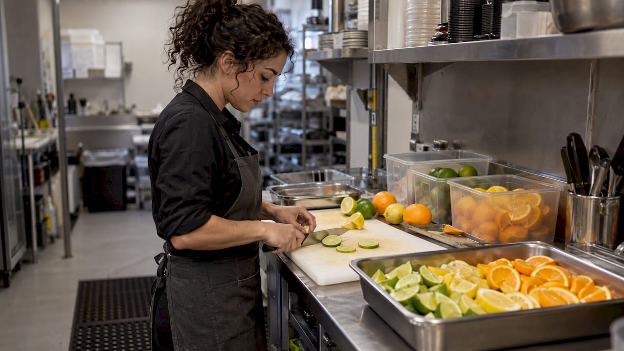 Bartender portioning citrus garnishes before service